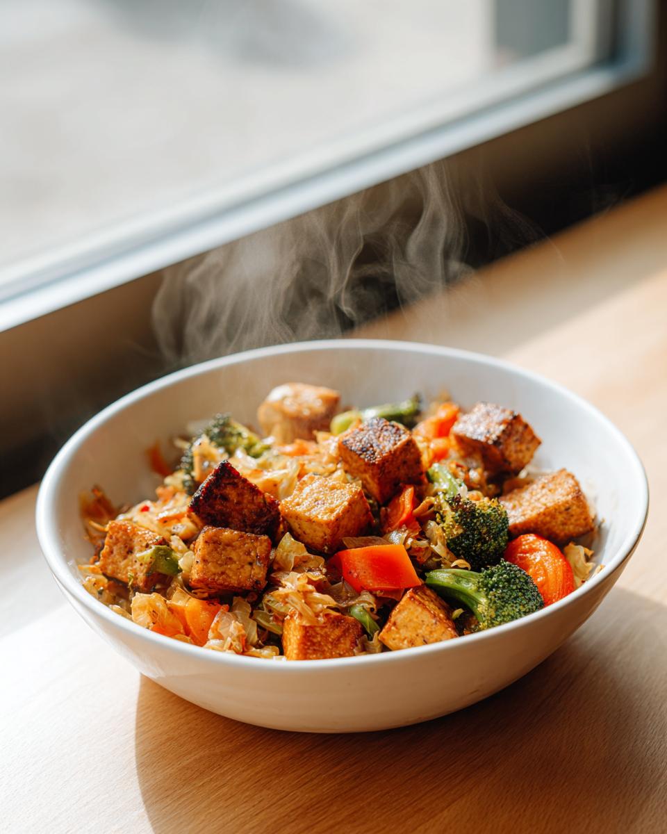 Nahaufnahme einer dampfenden Sauerkraut-Pfanne mit knusprigem Tofu und frischem Brokkoli und Karotten.