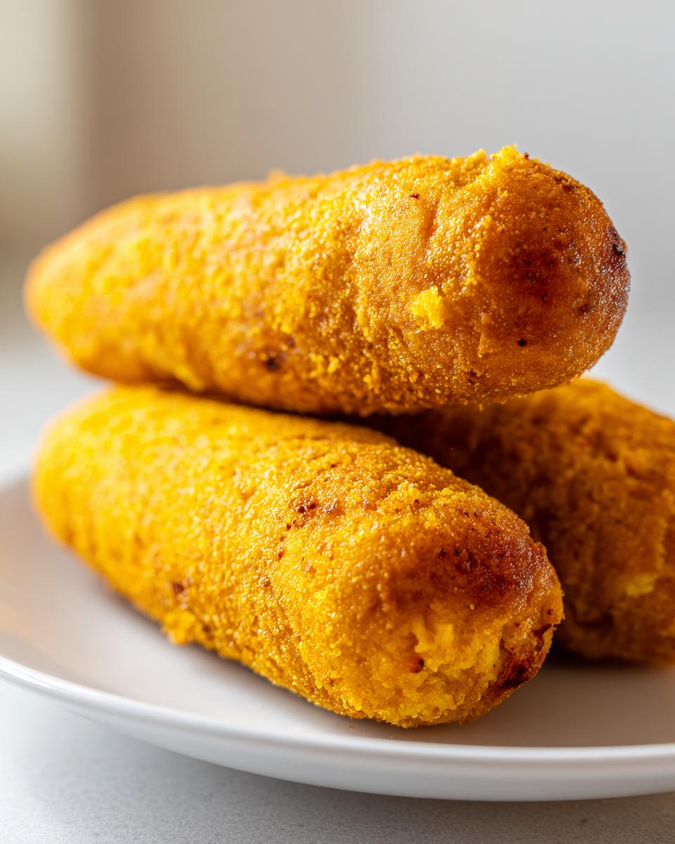 Nahaufnahme von drei knusprigen, goldgelben Corn Dogs, die übereinander auf einem weißen Teller gestapelt sind.