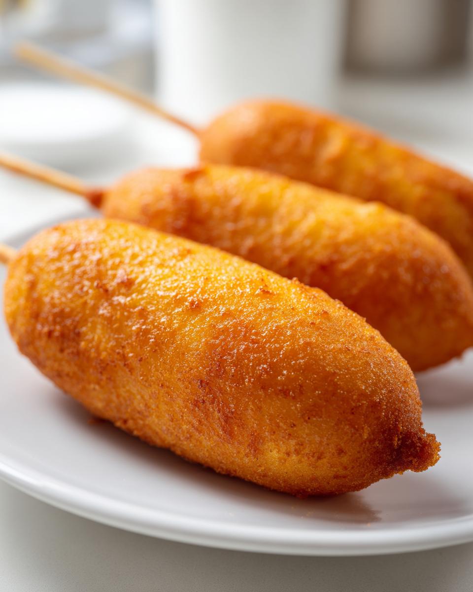 Nahaufnahme von drei goldbraun frittierten Corn Dogs, die auf einem weißen Teller liegen.
