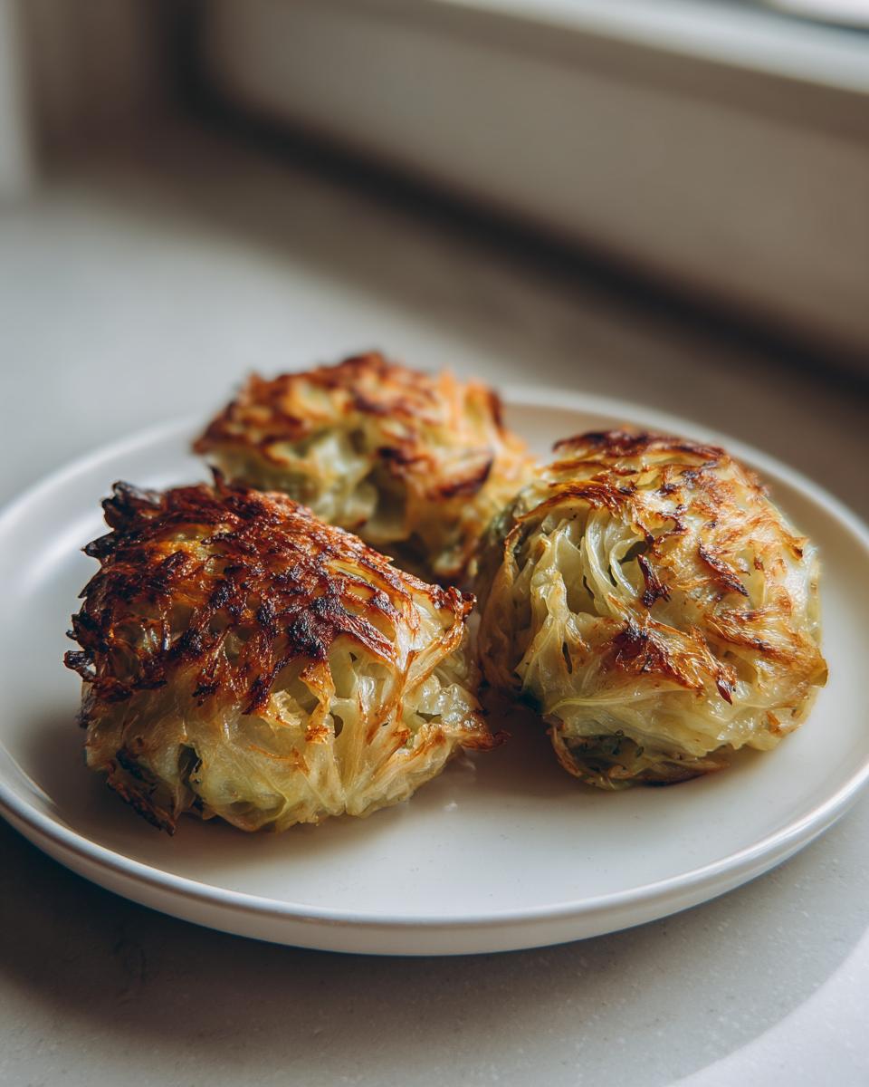 Drei goldbraun gebratene Kohlknödel, umhüllt von knusprigen Kohlblättern, auf einem hellen Teller.