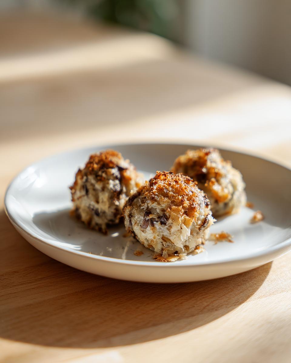 Drei goldbraun gebackene Kohlknödel mit knuspriger Kruste auf einem weißen Teller.