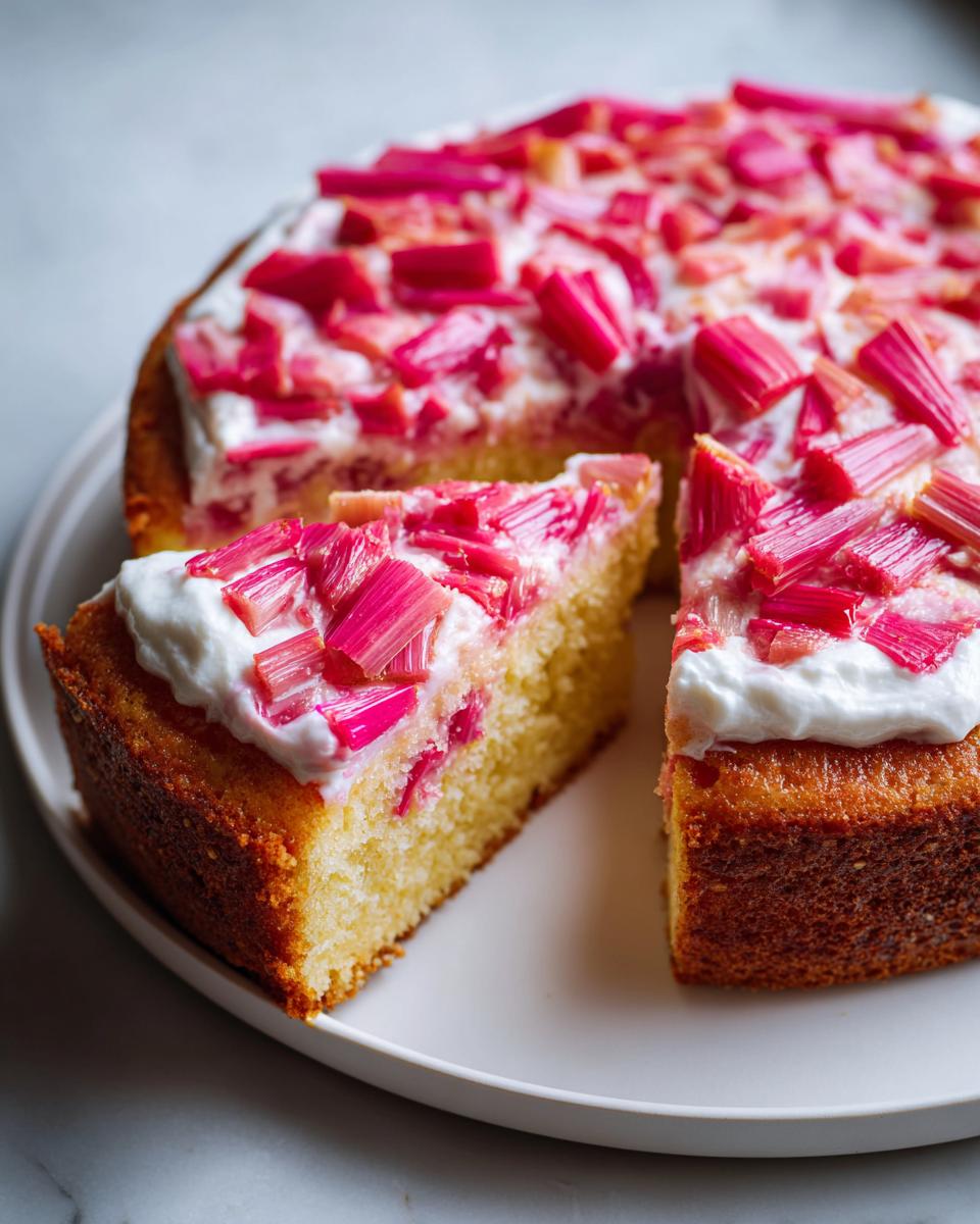 Ein angeschnittenes Stück Einfacher Rhabarberkuchen mit Schmand und leuchtend rosa Rhabarberstücken.