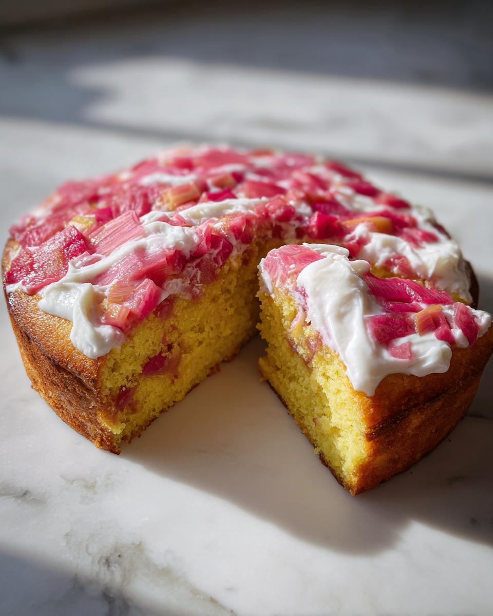 Ein angeschnittener Einfacher Rhabarberkuchen mit Schmand und leuchtend rosa Rhabarberstücken auf hellem Untergrund.