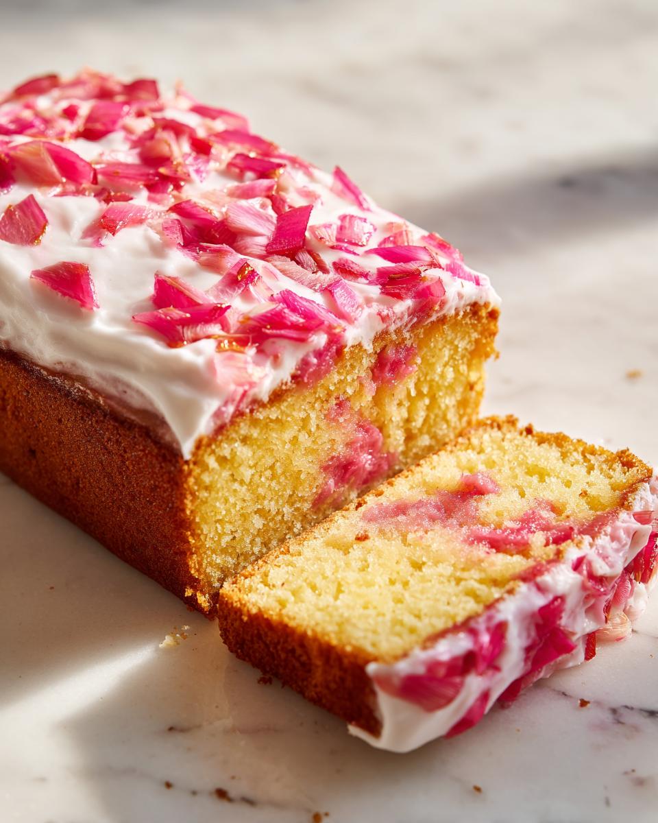 Anschnitt eines einfachen Rhabarberkuchen mit Schmand, belegt mit weißer Creme und rosa Rhabarberstücken.