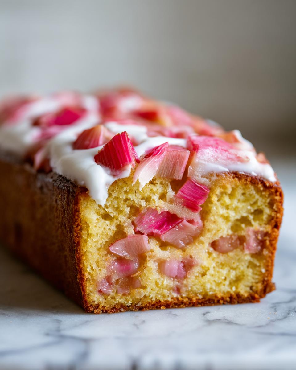 Nahaufnahme eines goldbraunen Einfachen Rhabarberkuchen mit Schmand, belegt mit rosa Rhabarberstücken und weißem Guss.