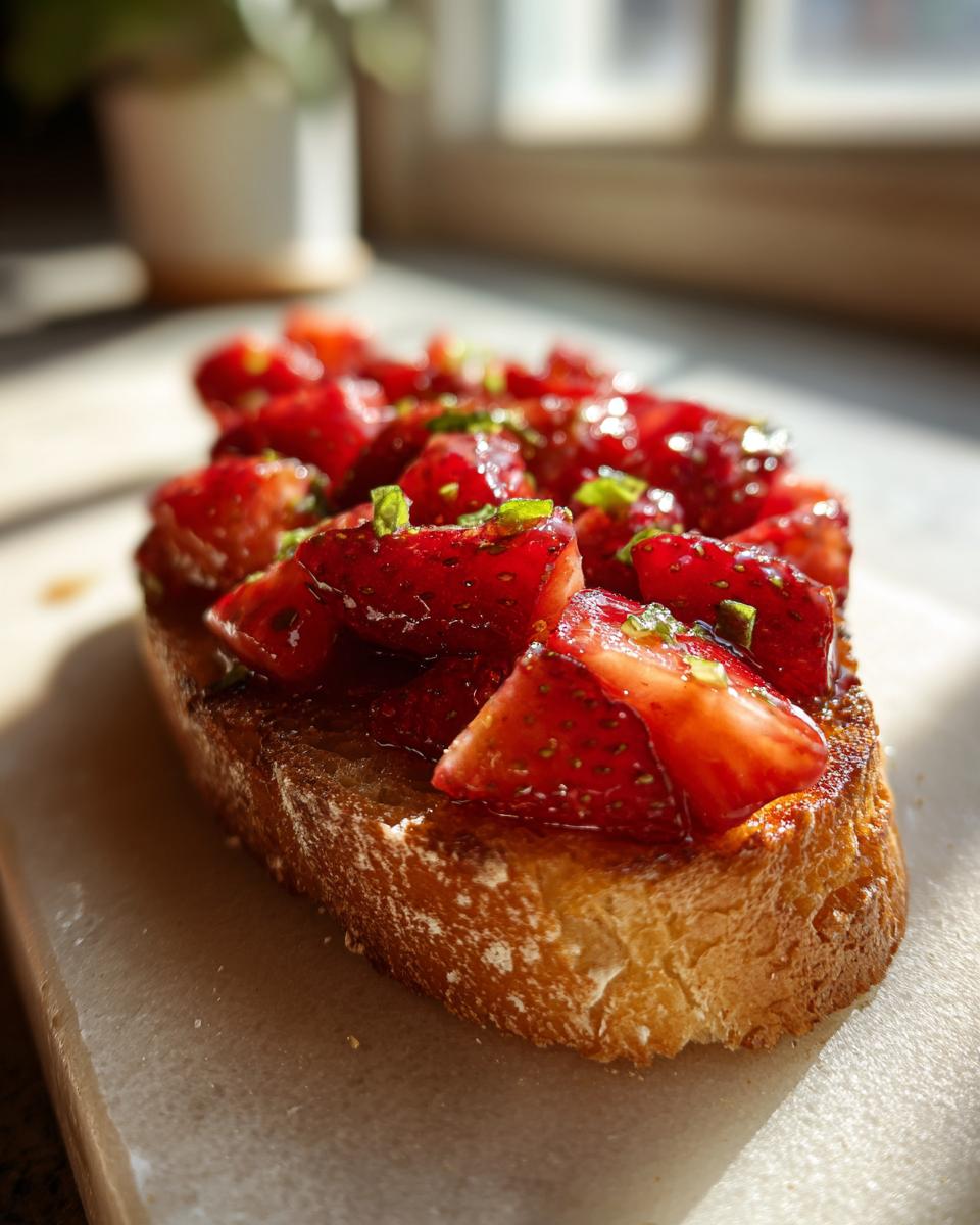 Nahaufnahme einer Scheibe geröstetem Brot belegt mit glänzenden, geschnittenen Erdbeeren für Erdbeer-Bruschetta.