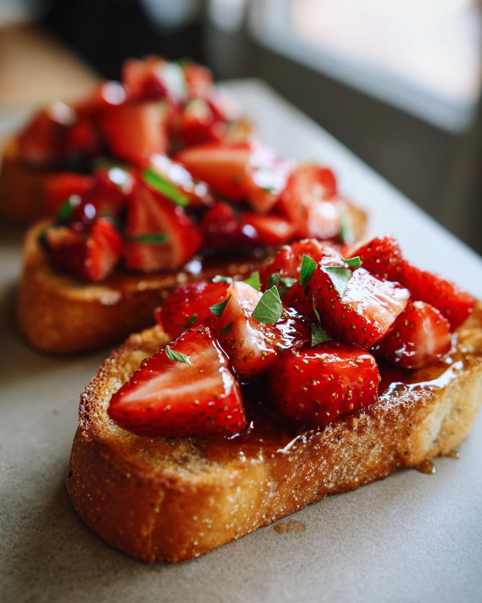 Nahaufnahme von knusprigem Brot belegt mit glasierten Erdbeerstücken und frischer Minze, typisch für Erdbeer-Bruschetta.