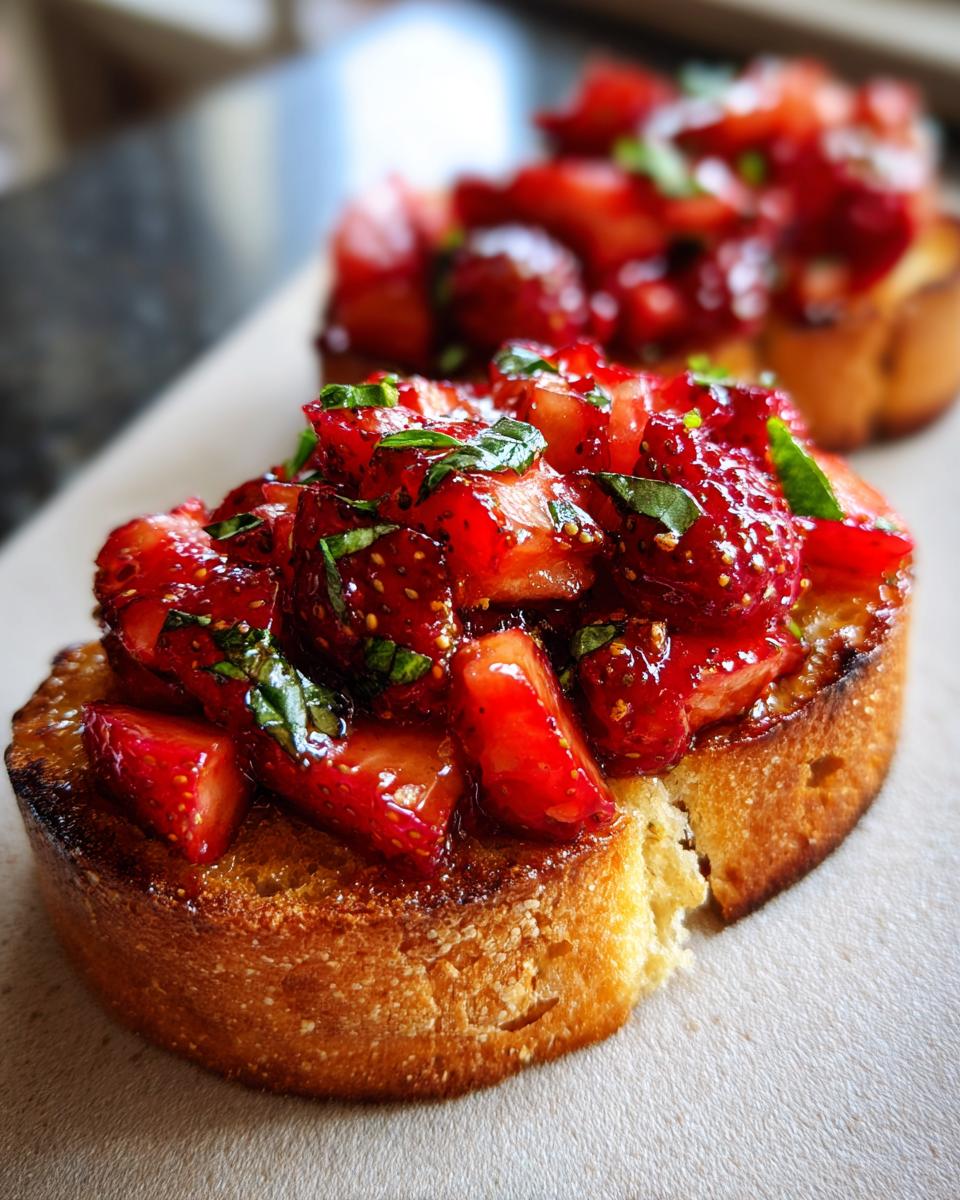 Nahaufnahme von geröstetem Brot belegt mit glänzenden Erdbeerstücken und frischer Minze für Erdbeer-Bruschetta.