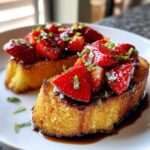 Zwei Scheiben goldbrauner Toast belegt mit glänzenden Erdbeeren und Minze, typisch für Erdbeer-Bruschetta.