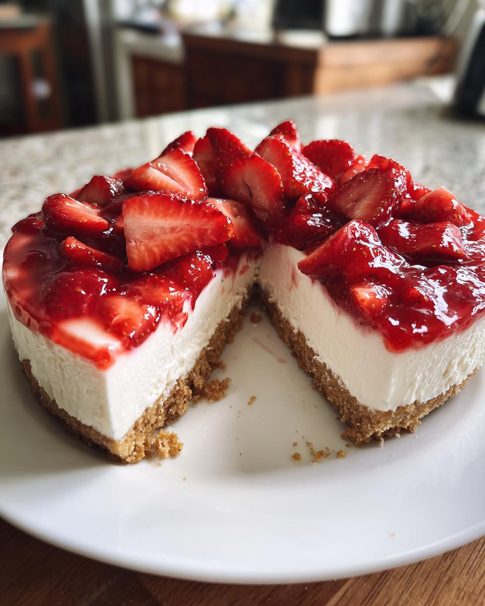 Angeschnittener Erdbeer-Käsekuchen ohne Backen mit Keksboden, cremiger Füllung und frischen Erdbeeren.