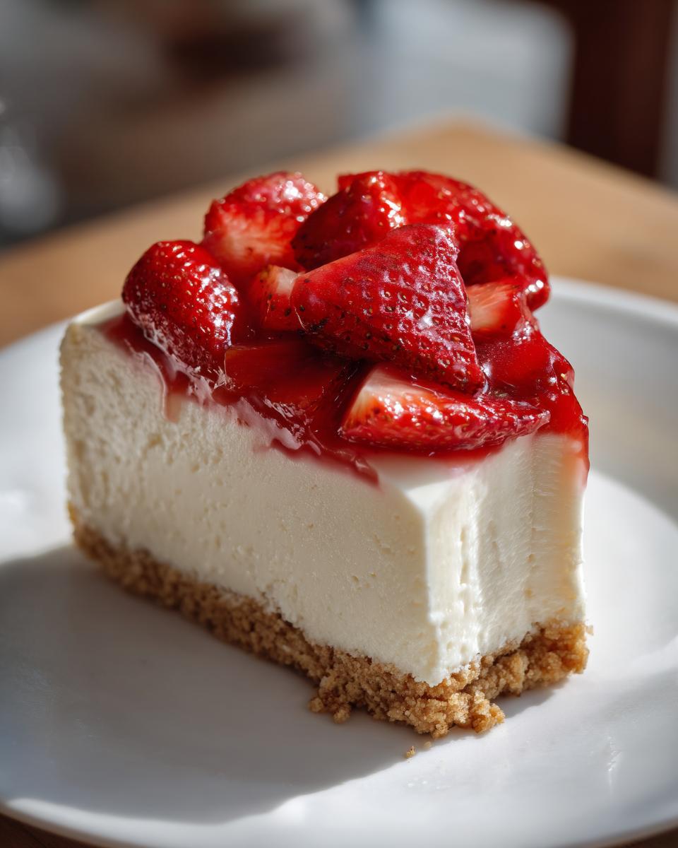 Ein cremiges Stück Erdbeer-Käsekuchen ohne Backen mit Keksboden und frischen Erdbeeren als Topping.