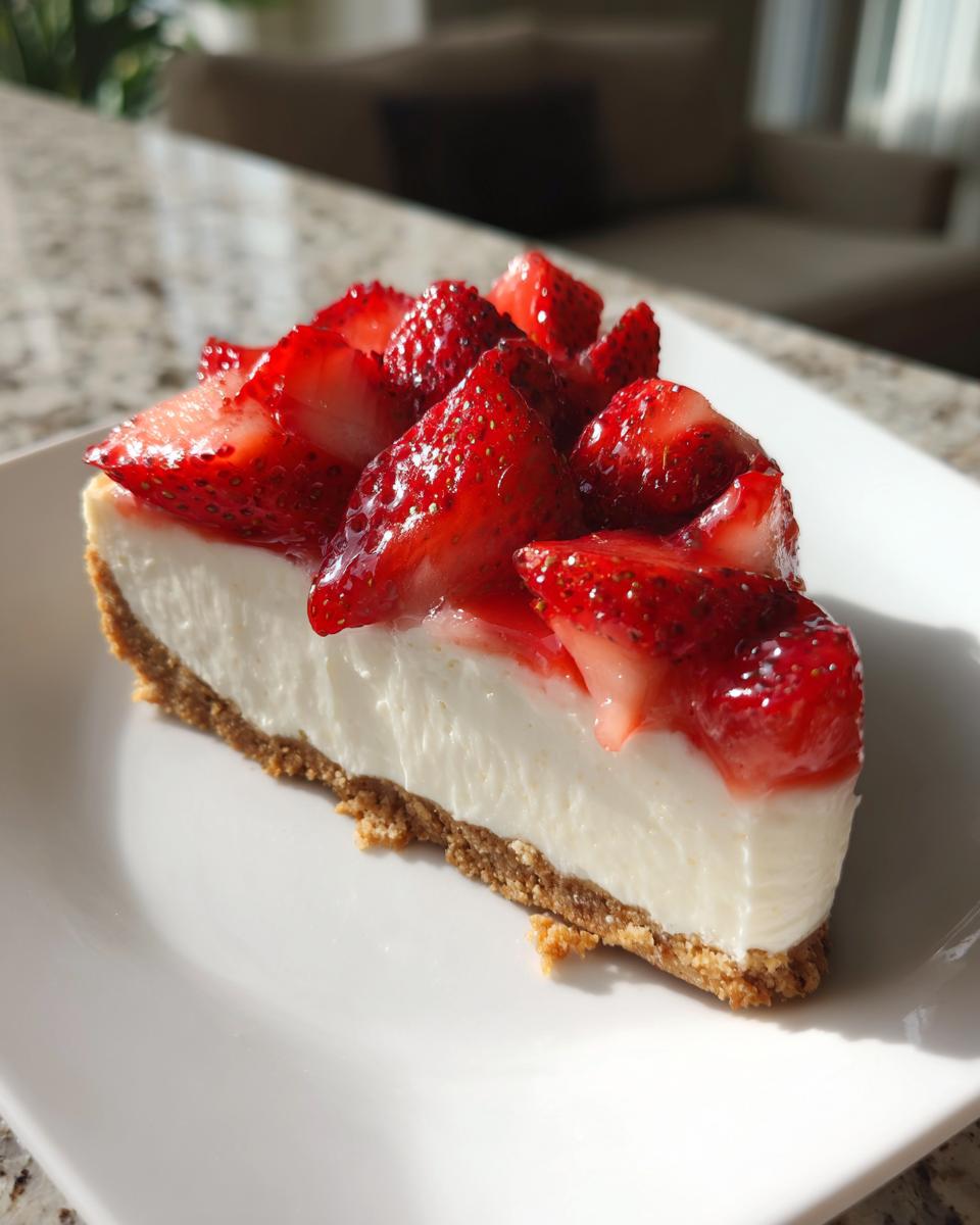 Ein saftiges Stück Erdbeer-Käsekuchen ohne Backen mit Keksboden, cremiger Füllung und glasierten Erdbeeren.