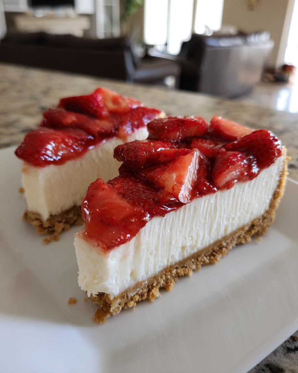 Zwei Stücke cremiger Erdbeer-Käsekuchen ohne Backen mit Keksboden und frischen Erdbeeren.