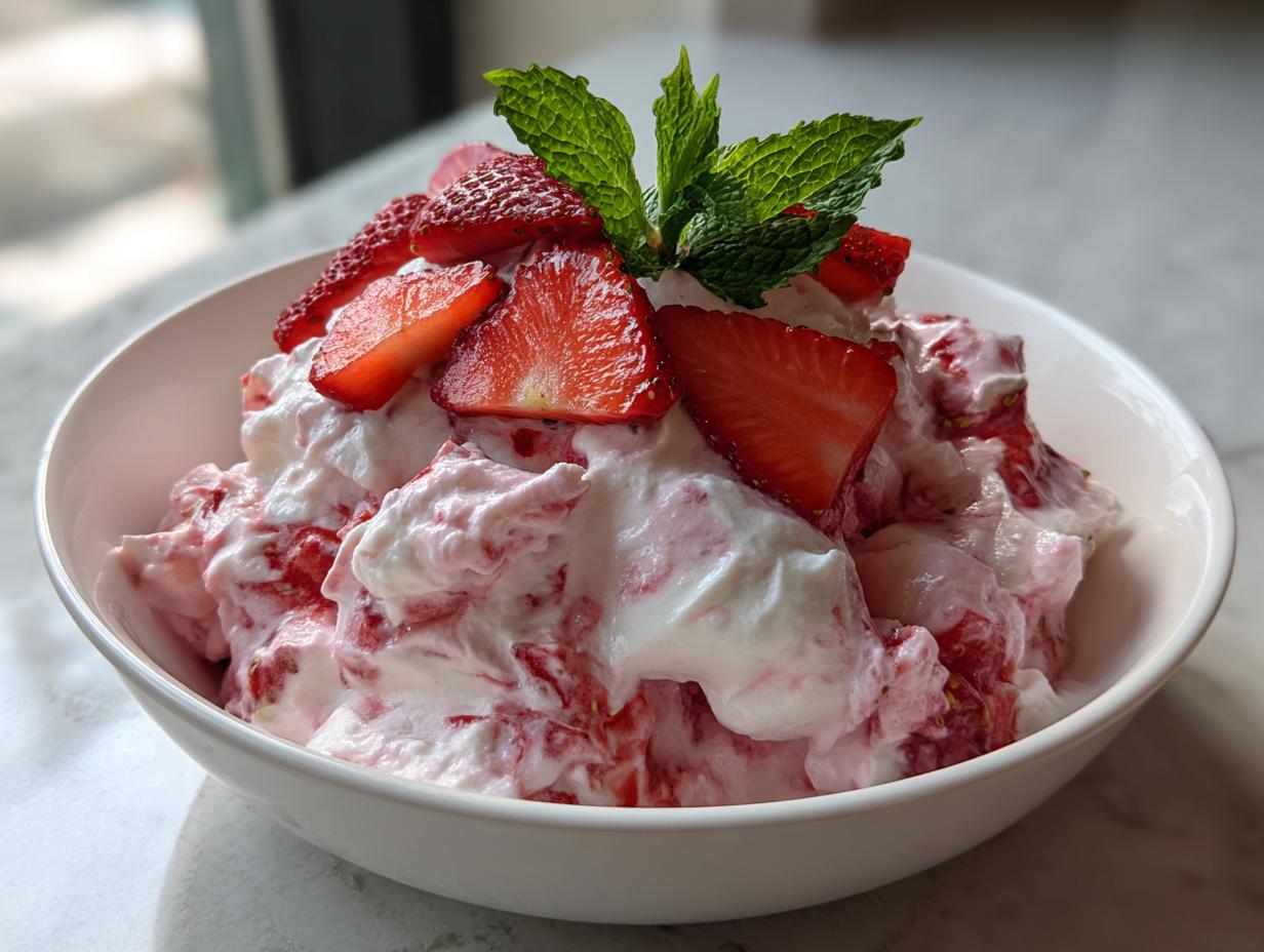 Nahaufnahme von cremigem Erdbeer-Quark, garniert mit frischen Erdbeerscheiben und Minze.