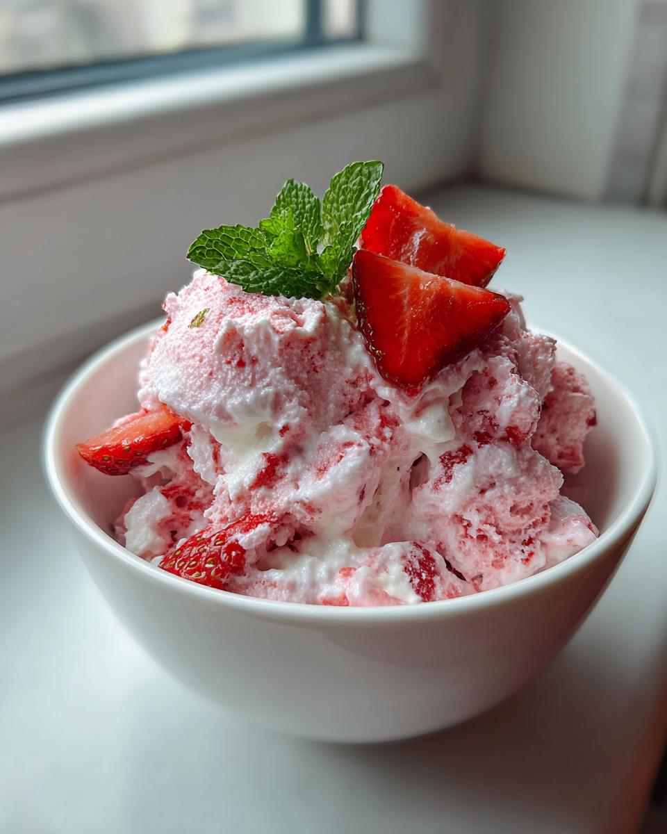Ein weißes Schälchen mit cremigem Erdbeer-Quark, garniert mit frischen Erdbeerstücken und Minze.