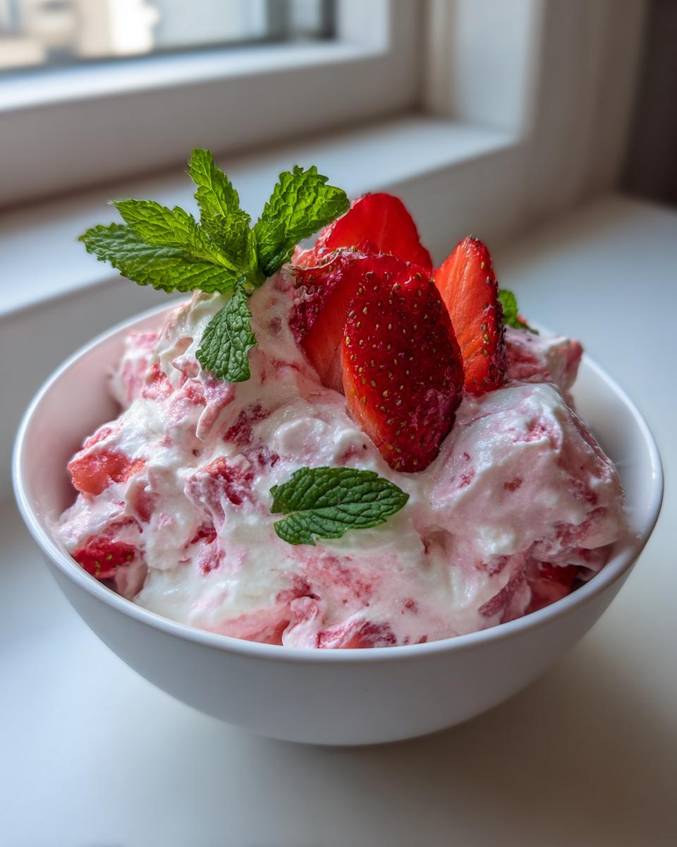 Nahaufnahme einer weißen Schüssel gefüllt mit cremigem Erdbeer-Quark, garniert mit frischen Erdbeerscheiben und Minze.
