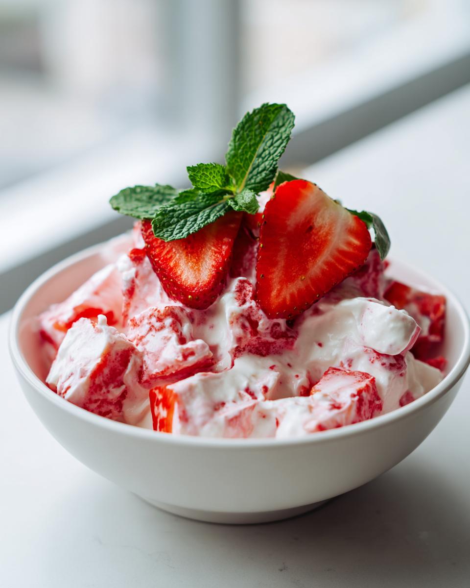 Nahaufnahme von cremigem Erdbeer-Quark mit gewürfelten Erdbeeren, garniert mit Minze.