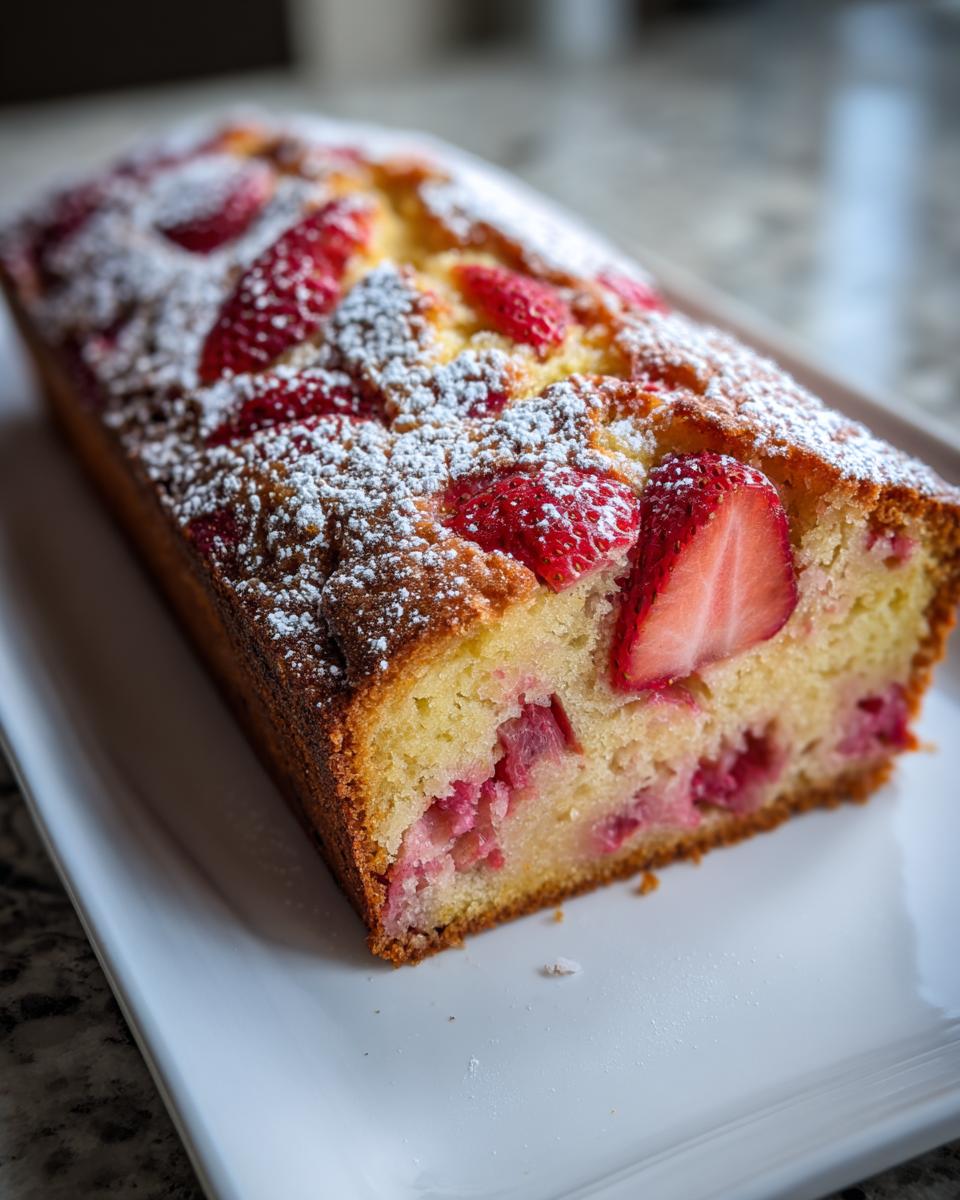 Ein ganzer Erdbeer Rhabarber Kuchen mit Joghurt, bestäubt mit Puderzucker, auf einem weißen Teller.