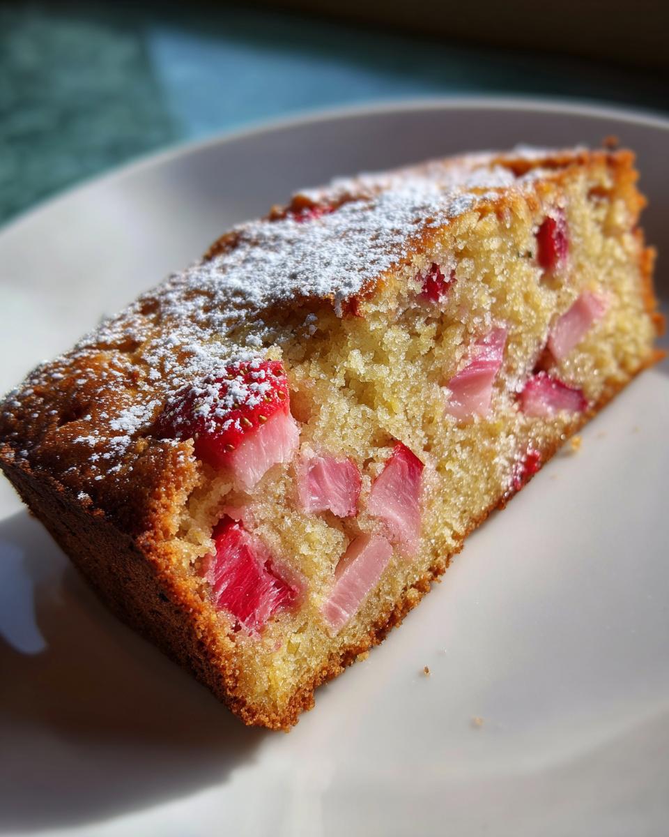Nahaufnahme eines saftigen Stücks Erdbeer Rhabarber Kuchen mit Joghurt, bestäubt mit Puderzucker.