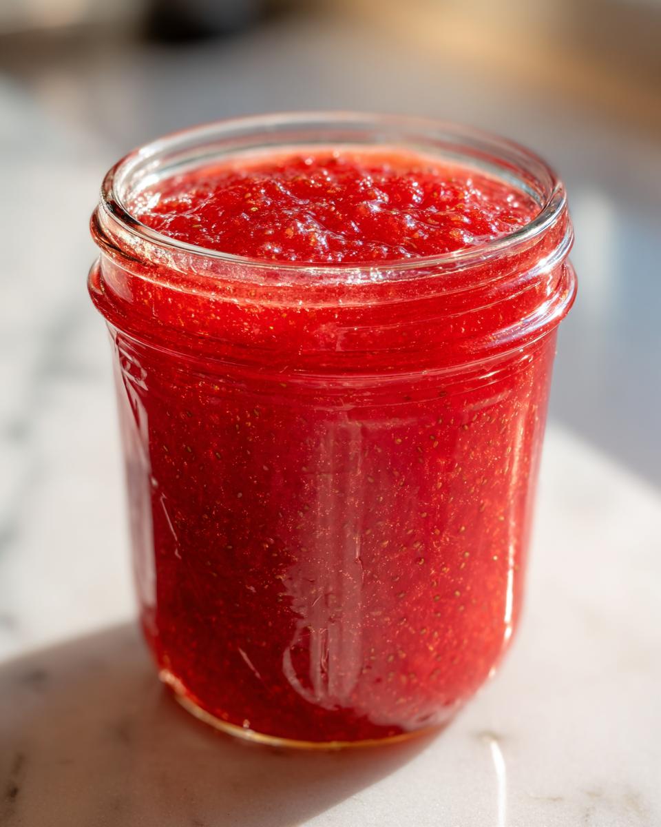 Nahaufnahme von leuchtend roter Erdbeer-Rhabarber-Marmelade in einem Einmachglas.