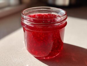 Ein Glas leuchtend roter Erdbeer-Rhabarber-Marmelade steht im hellen Sonnenlicht auf einer hellen Arbeitsfläche.