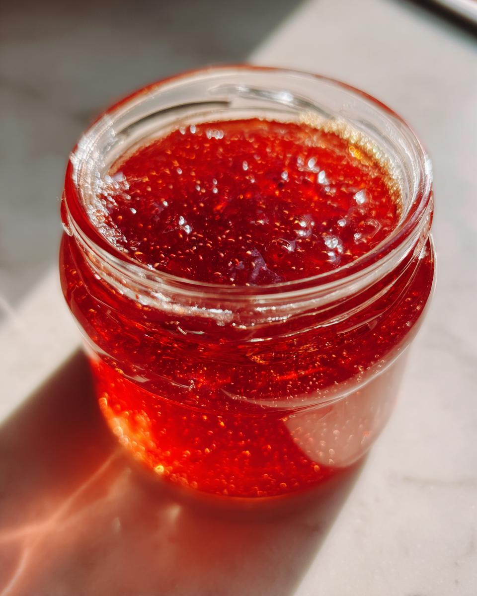 Nahaufnahme von leuchtend roter Erdbeer-Rhabarber-Marmelade in einem Glas, die im Sonnenlicht glänzt.