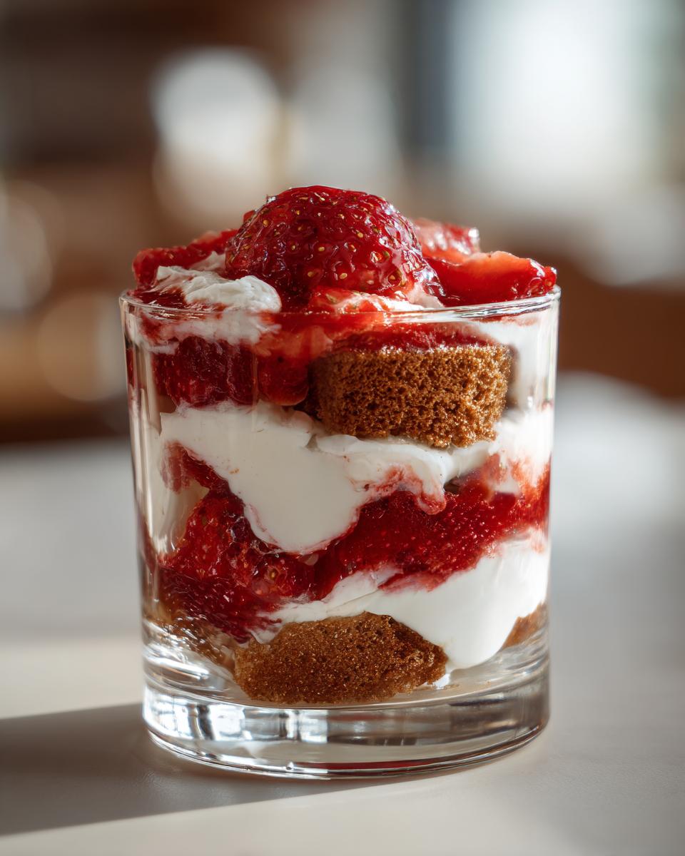 Nahaufnahme eines geschichteten Erdbeer-Tiramisu im Glas mit Sahne, Erdbeeren und Biskuitstücken.