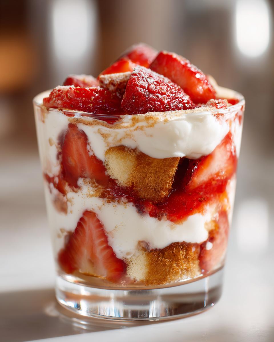 Nahaufnahme eines Glases mit geschichtetem Erdbeer-Tiramisu, bestehend aus Biskuit, Sahne und frischen Erdbeeren.