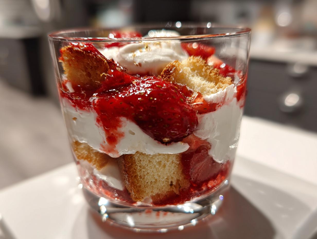 Nahaufnahme eines geschichteten Erdbeer-Tiramisu im Glas mit Biskuit, Sahne und Erdbeersoße.