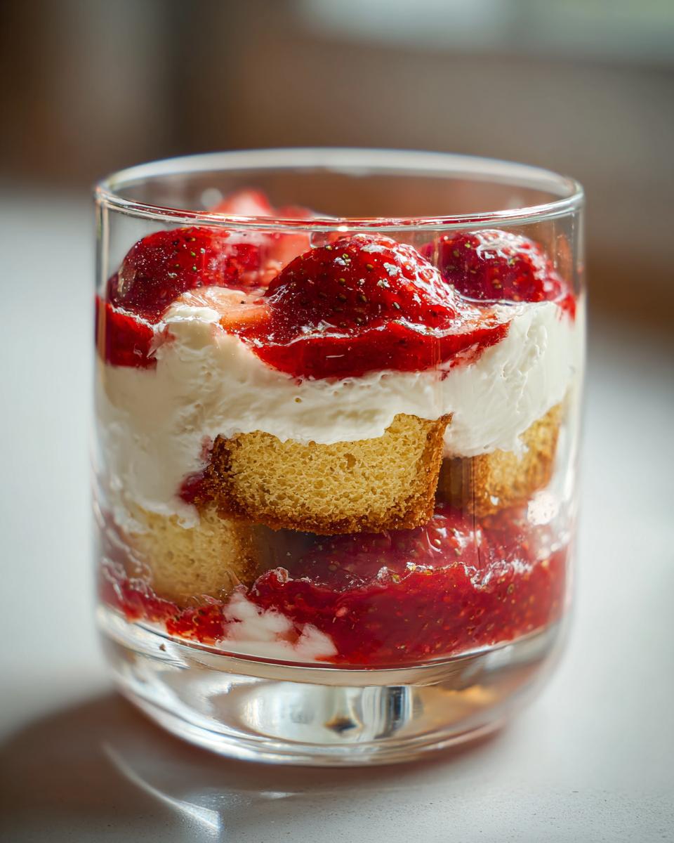 Nahaufnahme eines geschichteten Erdbeer-Tiramisu im Glas mit Biskuit, Sahne und Erdbeermus.