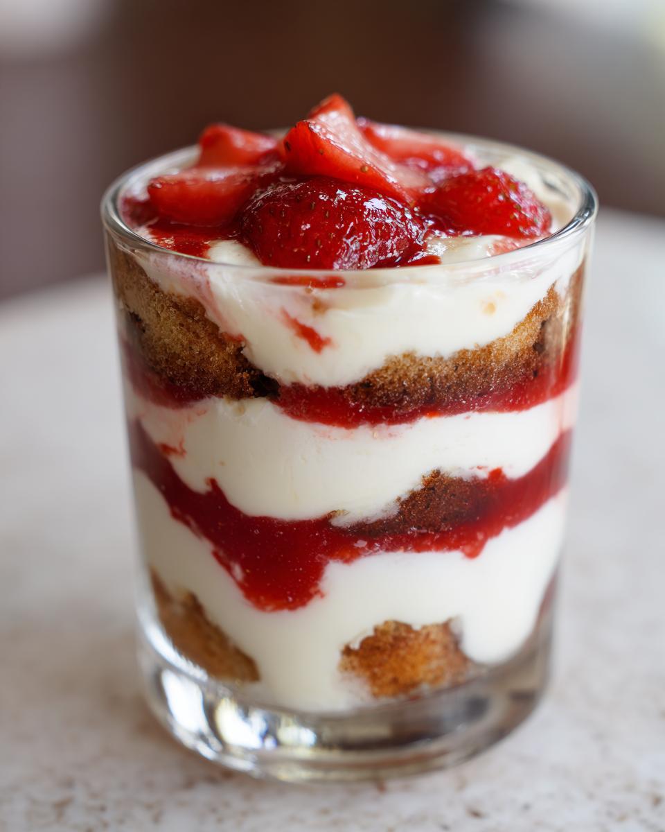 Nahaufnahme eines Erdbeer-Tiramisu im Glas mit sichtbaren Schichten aus Creme, getränkten Keksen und frischen Erdbeeren.