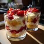 Nahaufnahme von zwei Gläsern Erdbeertiramisu ohne Ei mit Biskuit, Creme und frischen Erdbeeren.