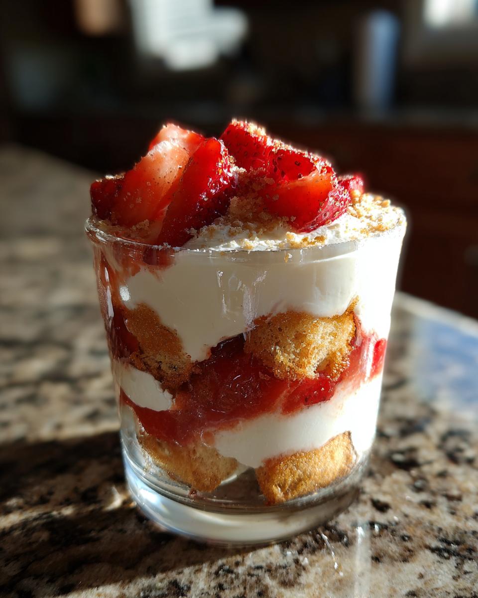 Nahaufnahme eines Erdbeertiramisu ohne Ei im Glas, geschichtet mit Creme, Biskuit und frischen Erdbeeren.