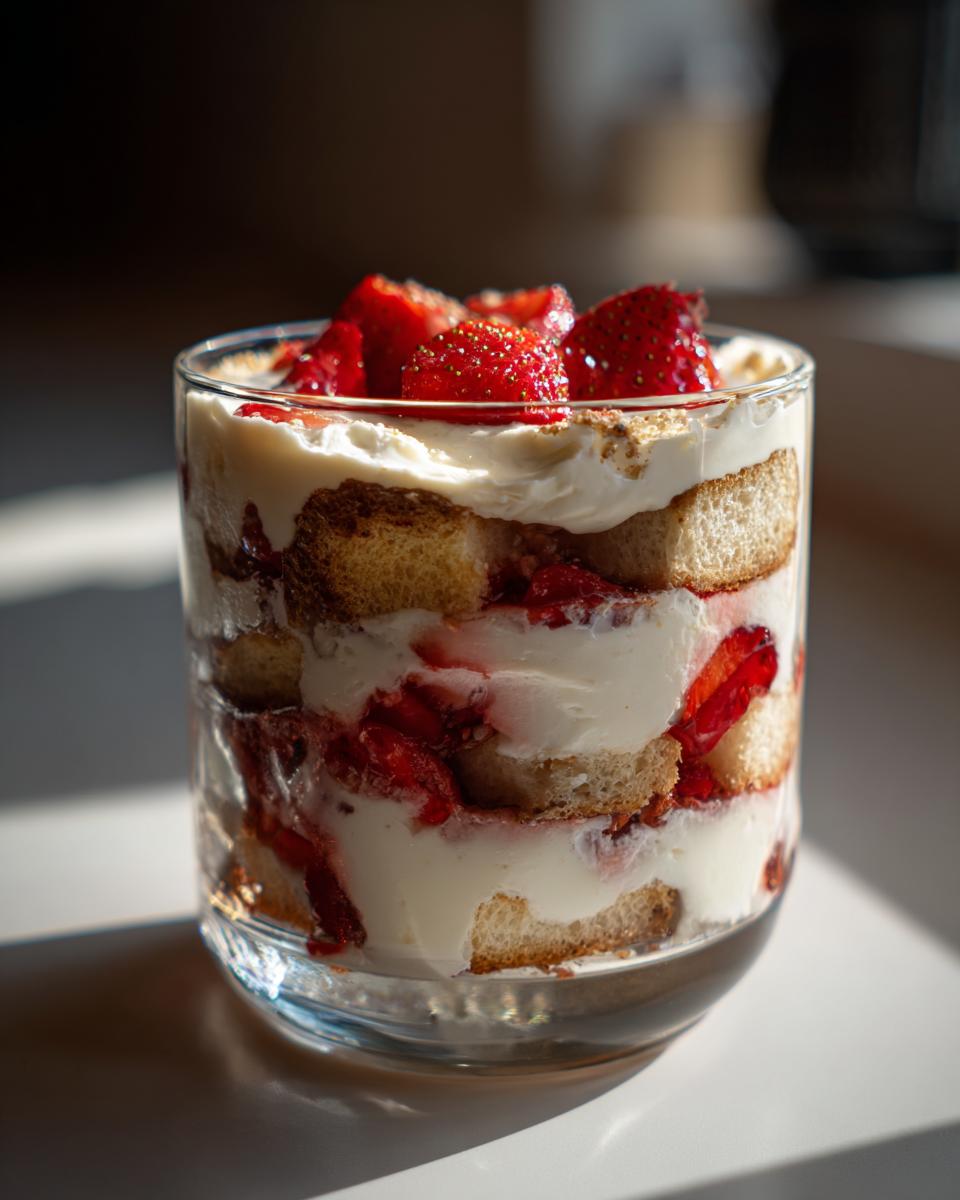 Nahaufnahme eines Erdbeertiramisu ohne Ei im Glas mit Schichten aus Creme, Löffelbiskuits und frischen Erdbeeren.