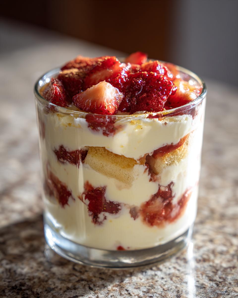 Nahaufnahme eines Erdbeertiramisu ohne Ei im Glas mit Schichten aus Creme, Biskuit und frischen Erdbeeren.