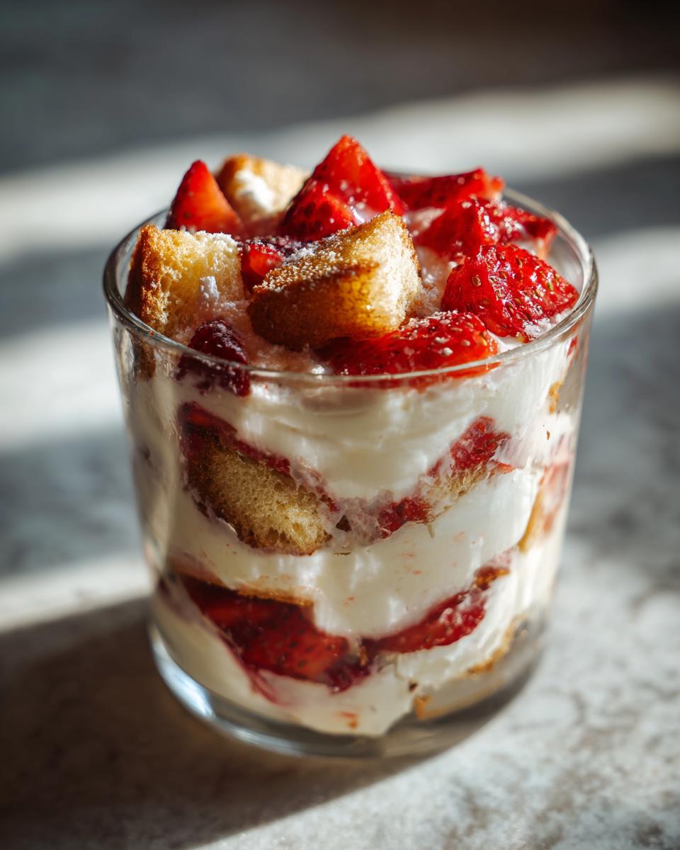 Nahaufnahme eines Erdbeertiramisu ohne Ei im Glas mit Schichten aus Creme, Erdbeeren und Biskuit.