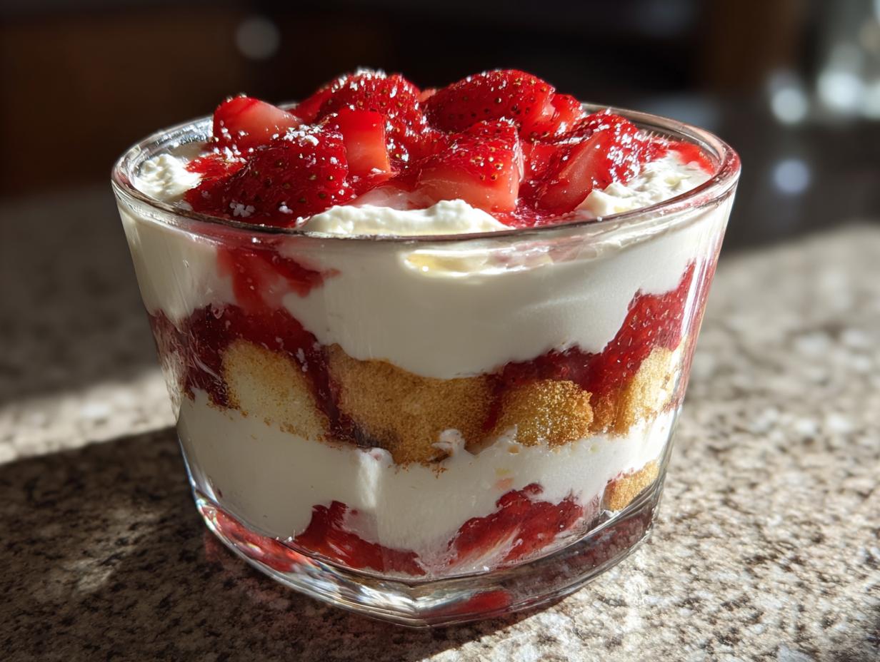 Nahaufnahme eines Erdbeertiramisu ohne Ei im Glas mit Schichten aus Creme, Löffelbiskuits und frischen Erdbeeren.
