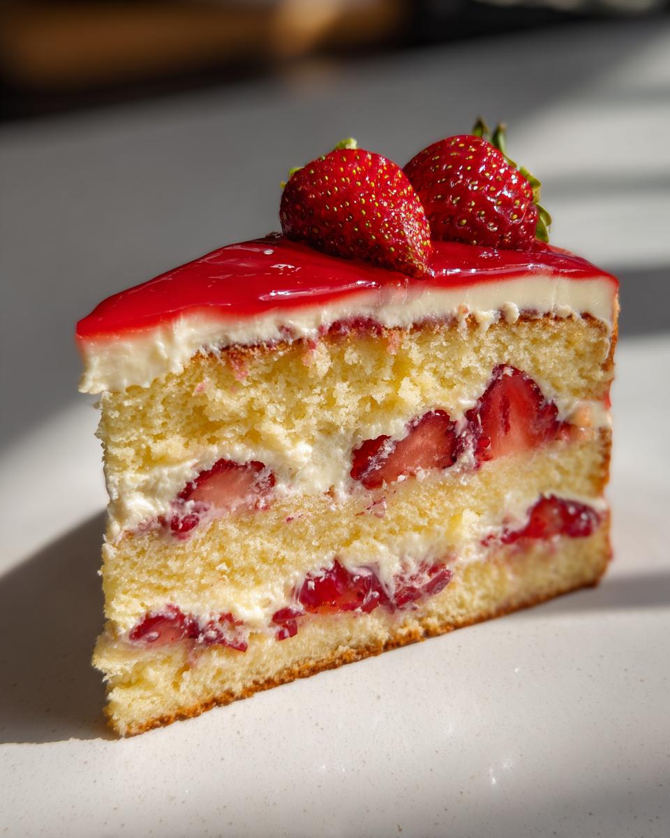 Nahaufnahme eines Kuchenschnitts der leckeren Erdbeertorte mit Sahne und rotem Tortenguss.