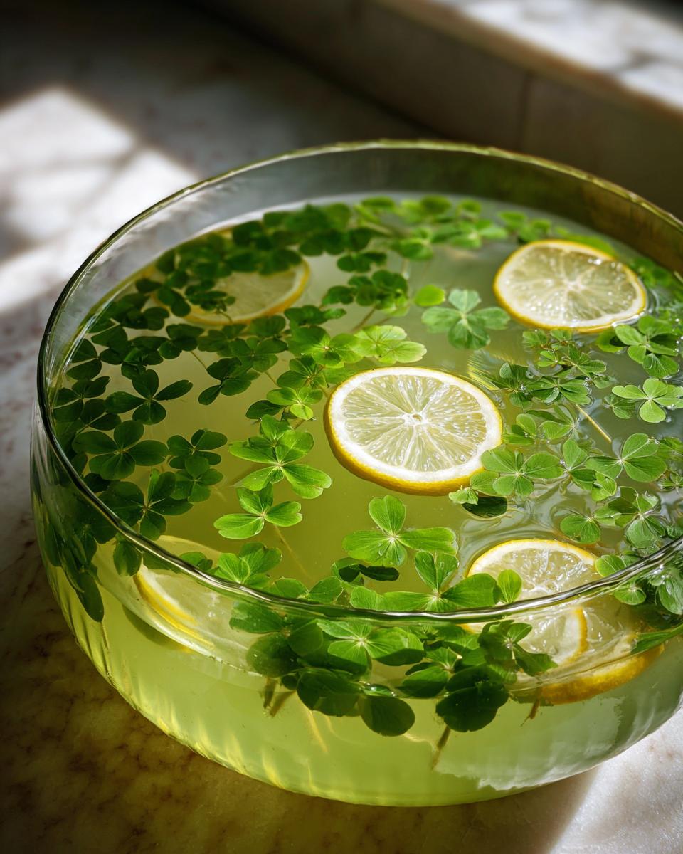 Nahaufnahme einer großen Glasschale mit grüner Maibowle, dekoriert mit Waldmeisterblättern und Zitronenscheiben.