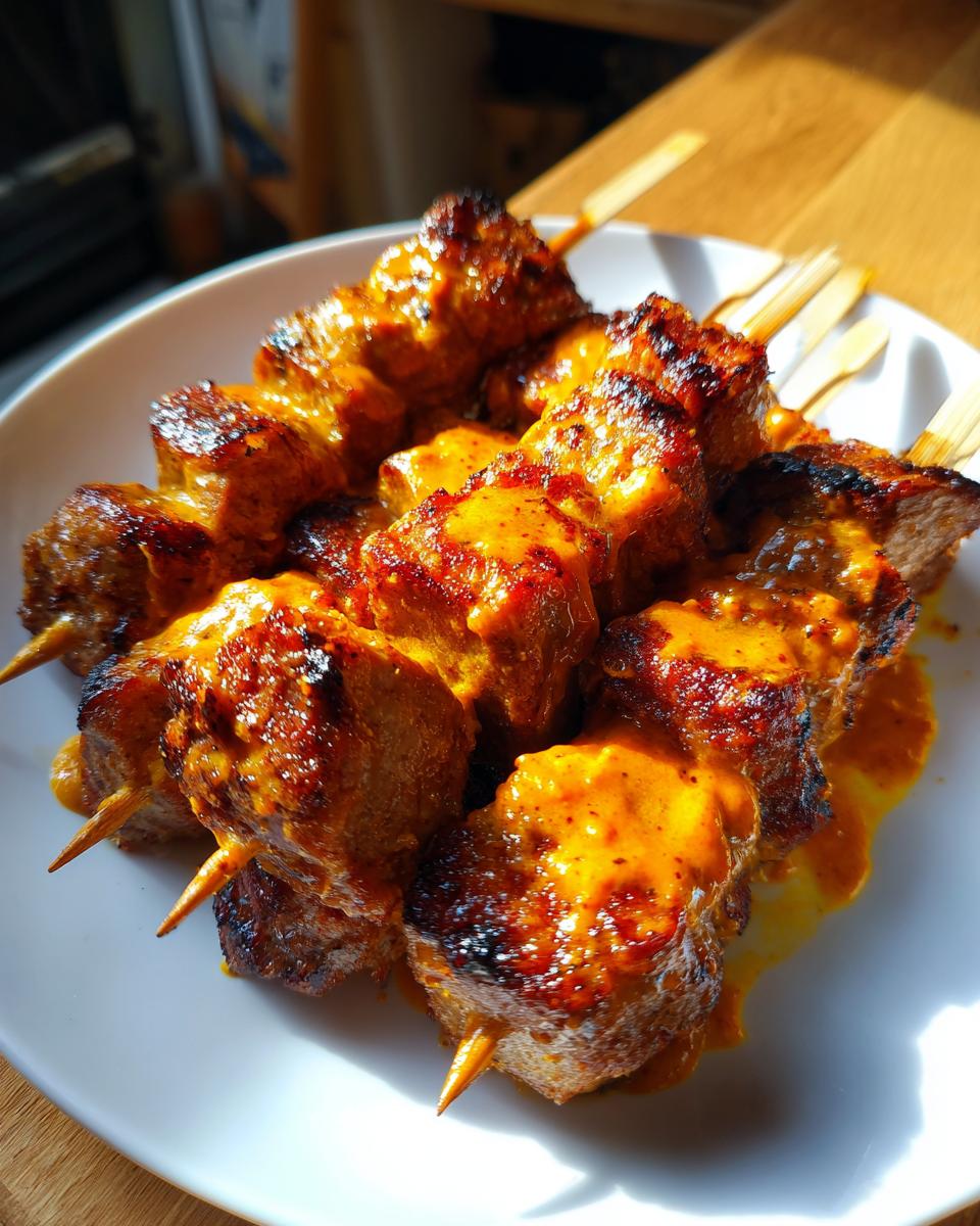 Nahaufnahme von gegrillten Currywurst-Spießen, übergossen mit leuchtend oranger Currysauce auf einem weißen Teller.