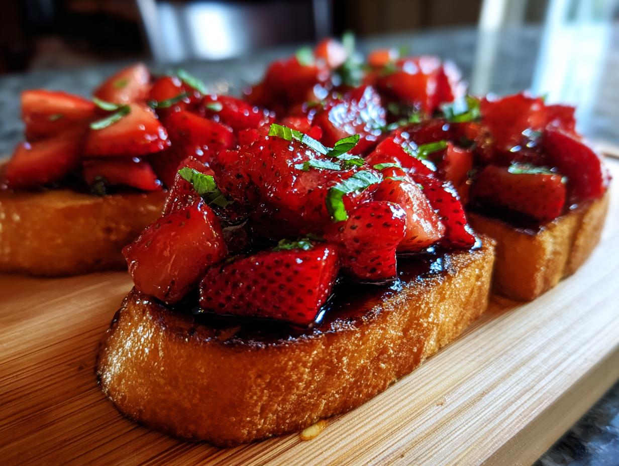 Nahaufnahme von fertiger Erdbeer-Bruschetta mit glasierten Erdbeeren und Minze auf geröstetem Brot.