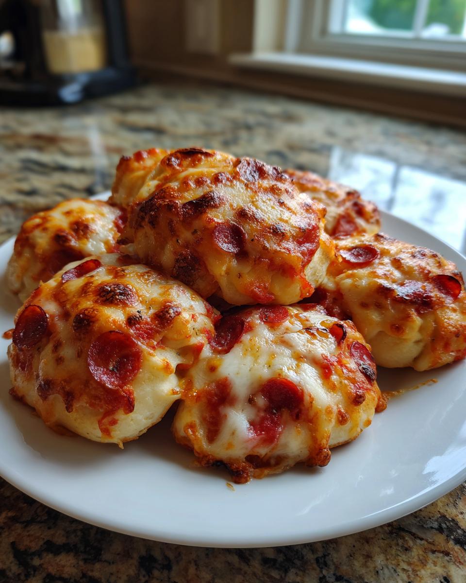 Ein Teller voller frisch gebackener Pizzabrötchen mit geschmolzenem Käse und Peperoni-Salami.