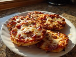 Vier goldbraune Pizzabrötchen mit geschmolzenem Käse und Peperoni auf einem weißen Teller.