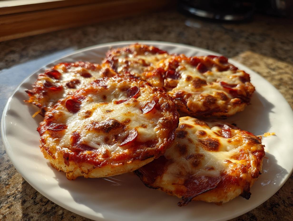 Vier goldbraune Pizzabrötchen mit geschmolzenem Käse und Peperoni auf einem weißen Teller.