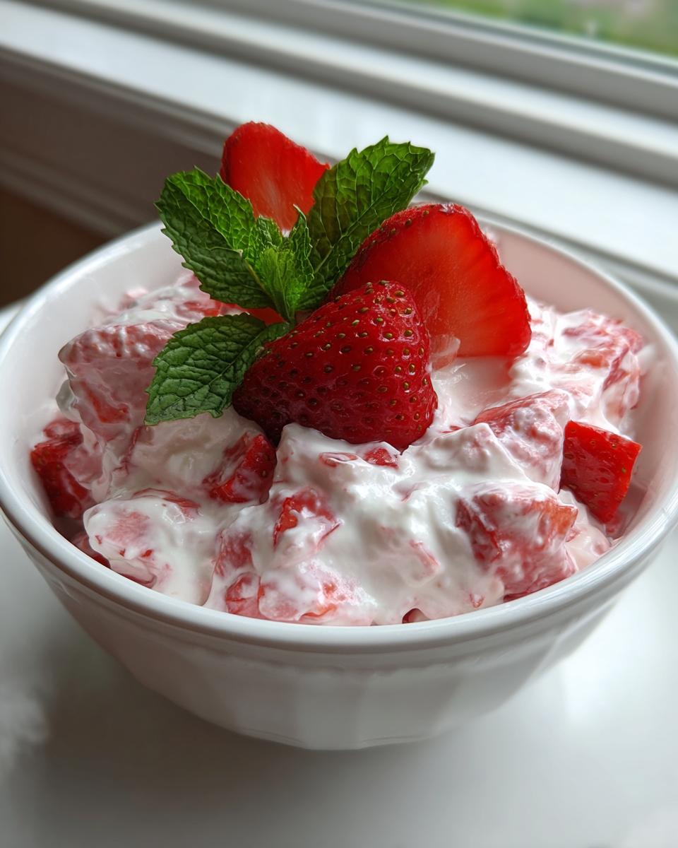 Nahaufnahme einer weißen Schüssel mit cremigem Erdbeer-Quark, garniert mit frischen Erdbeerscheiben und Minze.