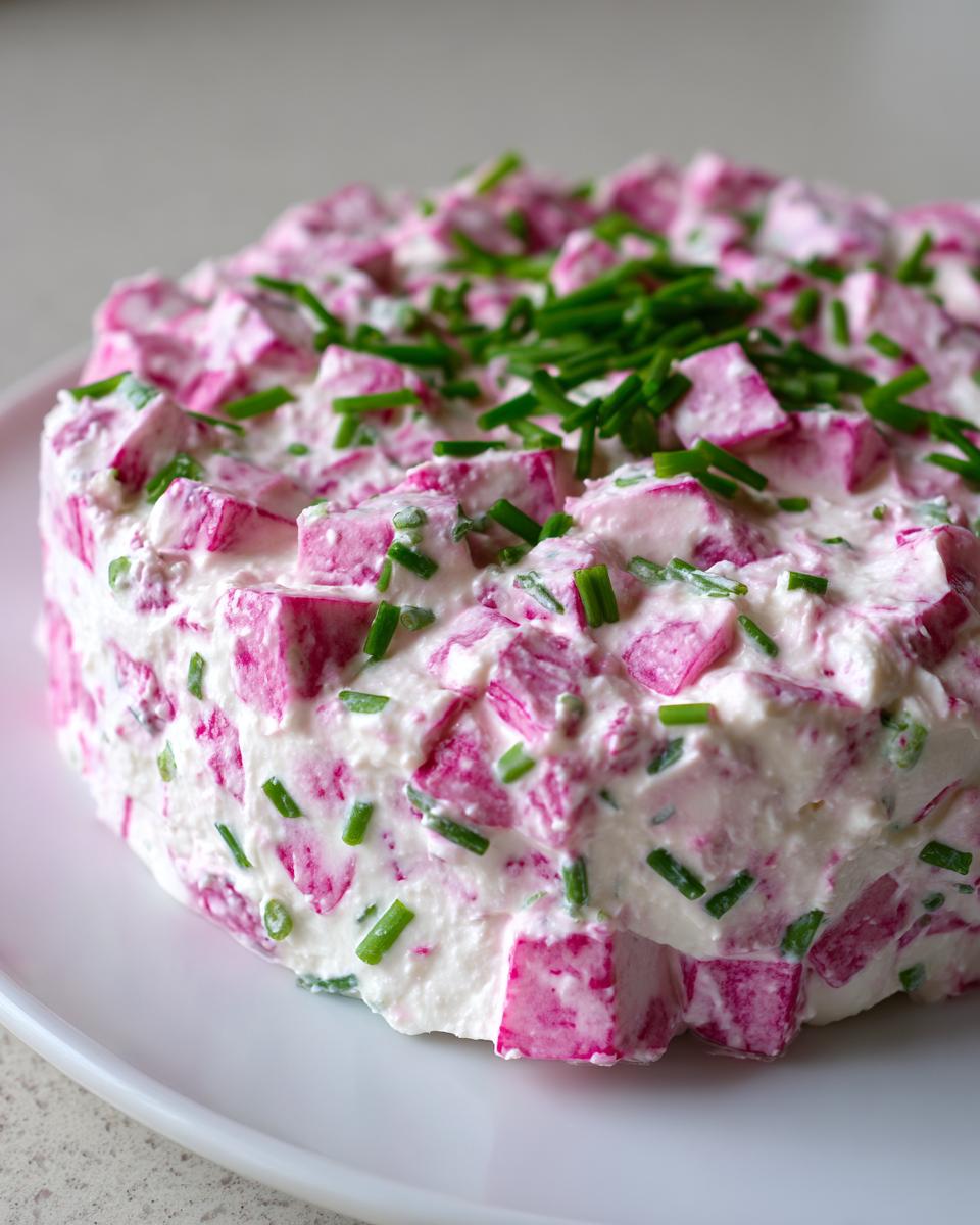 Nahaufnahme eines cremigen Radieschen-Dips mit rosa Radieschenstücken und frischem Schnittlauch.
