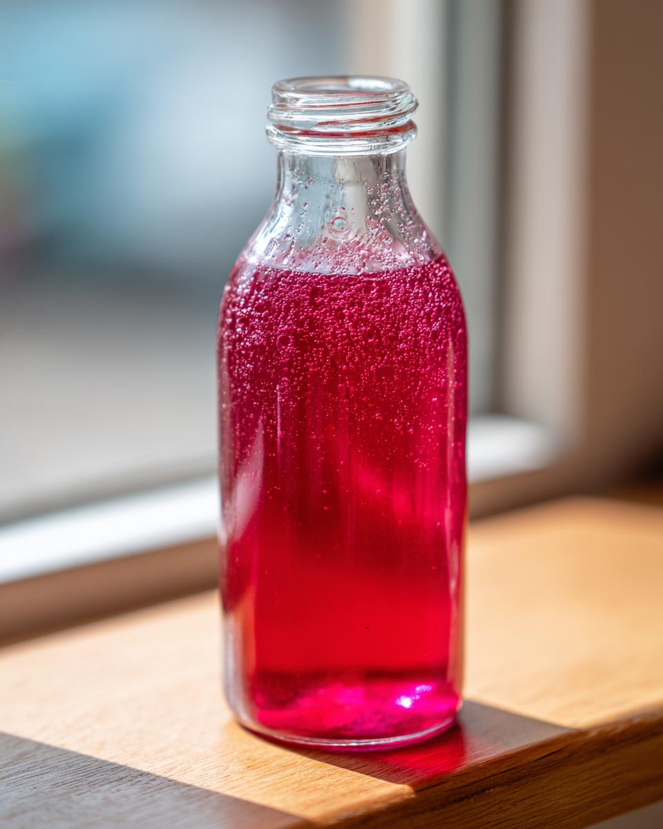Nahaufnahme einer Glasflasche gefüllt mit leuchtend rotem, sprudelndem Rhabarbersirup, stehend auf einem Holzbrett.