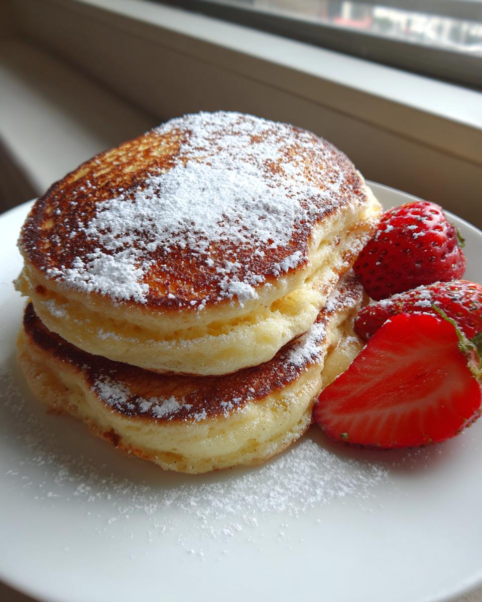 Stapel fluffige Quarkpfannkuchen bestäubt mit Puderzucker, serviert mit frischen Erdbeeren.