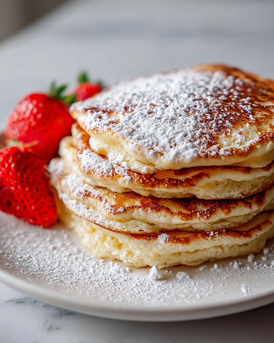Stapel fluffige Quarkpfannkuchen bestäubt mit Puderzucker, serviert mit frischen Erdbeeren.