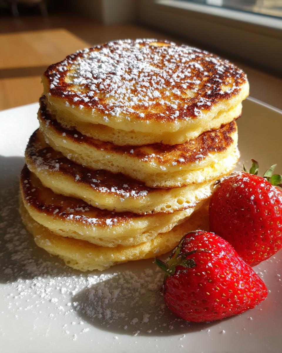 Stapel fluffige Quarkpfannkuchen, bestäubt mit Puderzucker, serviert mit frischen Erdbeeren.